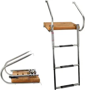 Sp-sib-3-teak Amarine Made 3 Step Telescoping Boat Ladder In/outboard Transom Teak Platform With 2 Handrail