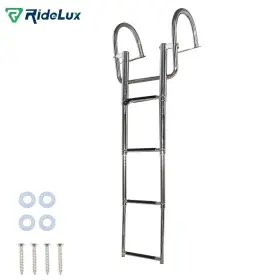 R5096355 Ridelux 4 Steps Pontoon Boat Ladder Stainless Steel Fold Telescoping Rear Entry