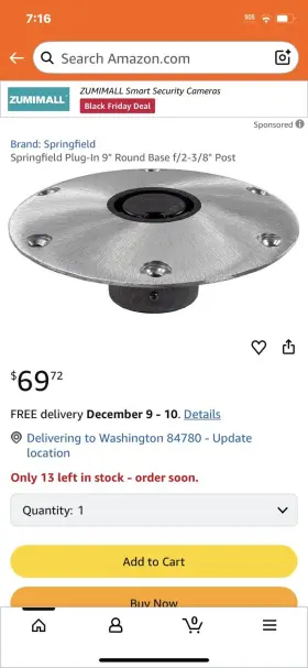 86058 Springfield Marine Plug-in 9 Inch Round Base F/2-3/8 Post