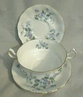 Vintage Paragon Fine Bone China "forget-me-not" Two-handle Cup/bowl & Saucer Used. Price: $24.00.